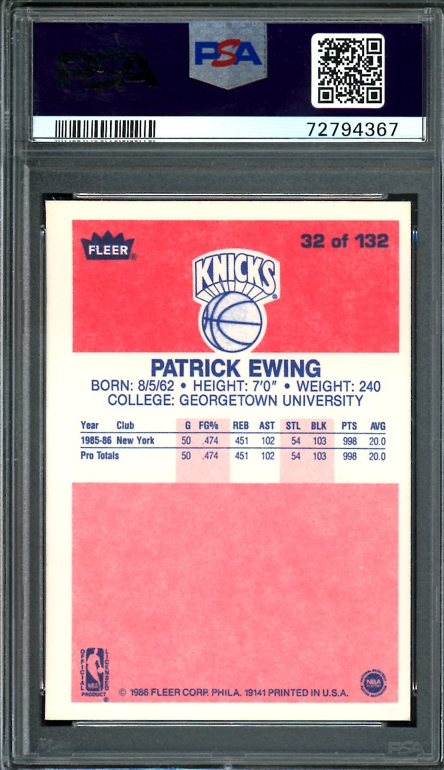 1986 Fleer Patrick Ewing PSA 7 Knicks