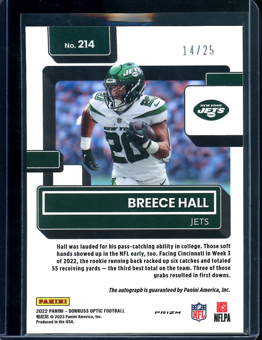2022 Panini Optic Breece Hall Rookie Auto Black Pandora /25 Jets
