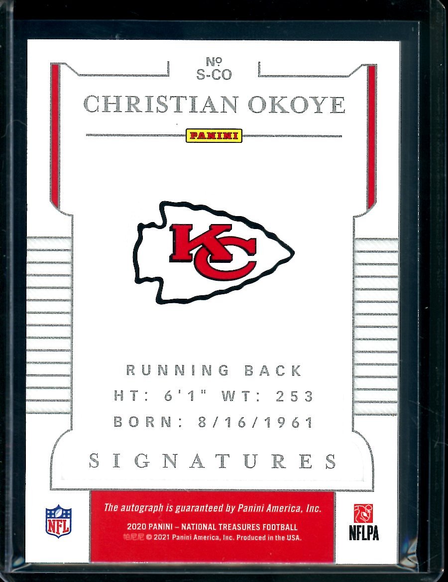 2020 Panini National Treasures Christian Okoye Auto Gold /10 Chiefs