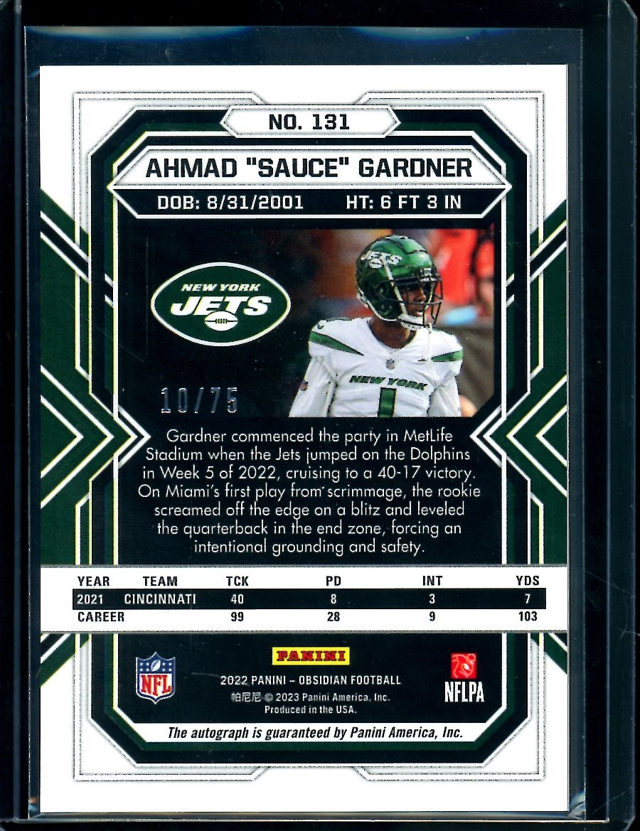2022 Panini Obsidian Sauce Gardner Rookie Auto Orange Etch /75 Jets