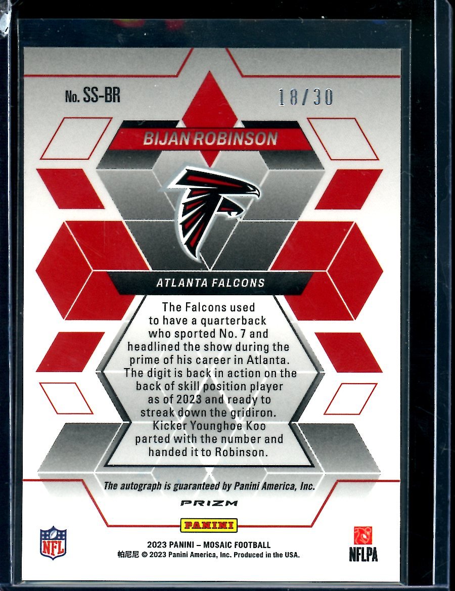 2023 Panini Mosaic Bijan Robinson Rookie Showtime Signatures Purple /30 Falcons