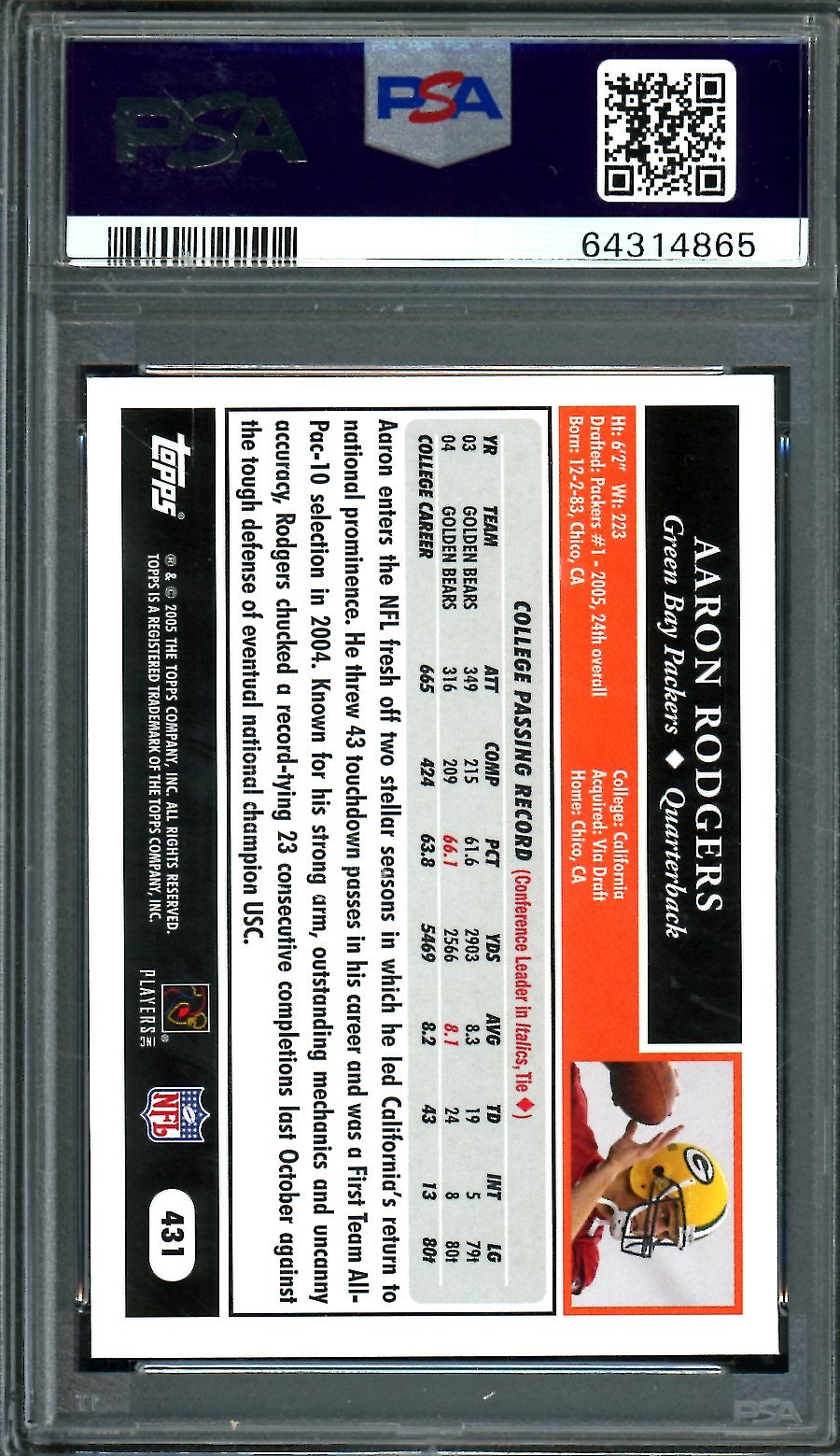 2005 Topps Aaron Rodgers Rookie PSA 10 Packers