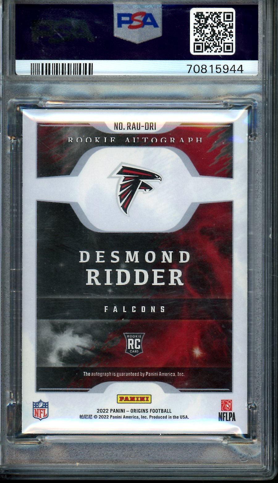 2022 Panini Origins Desmond Ridder Rookie Auto PSA 10 Falcons