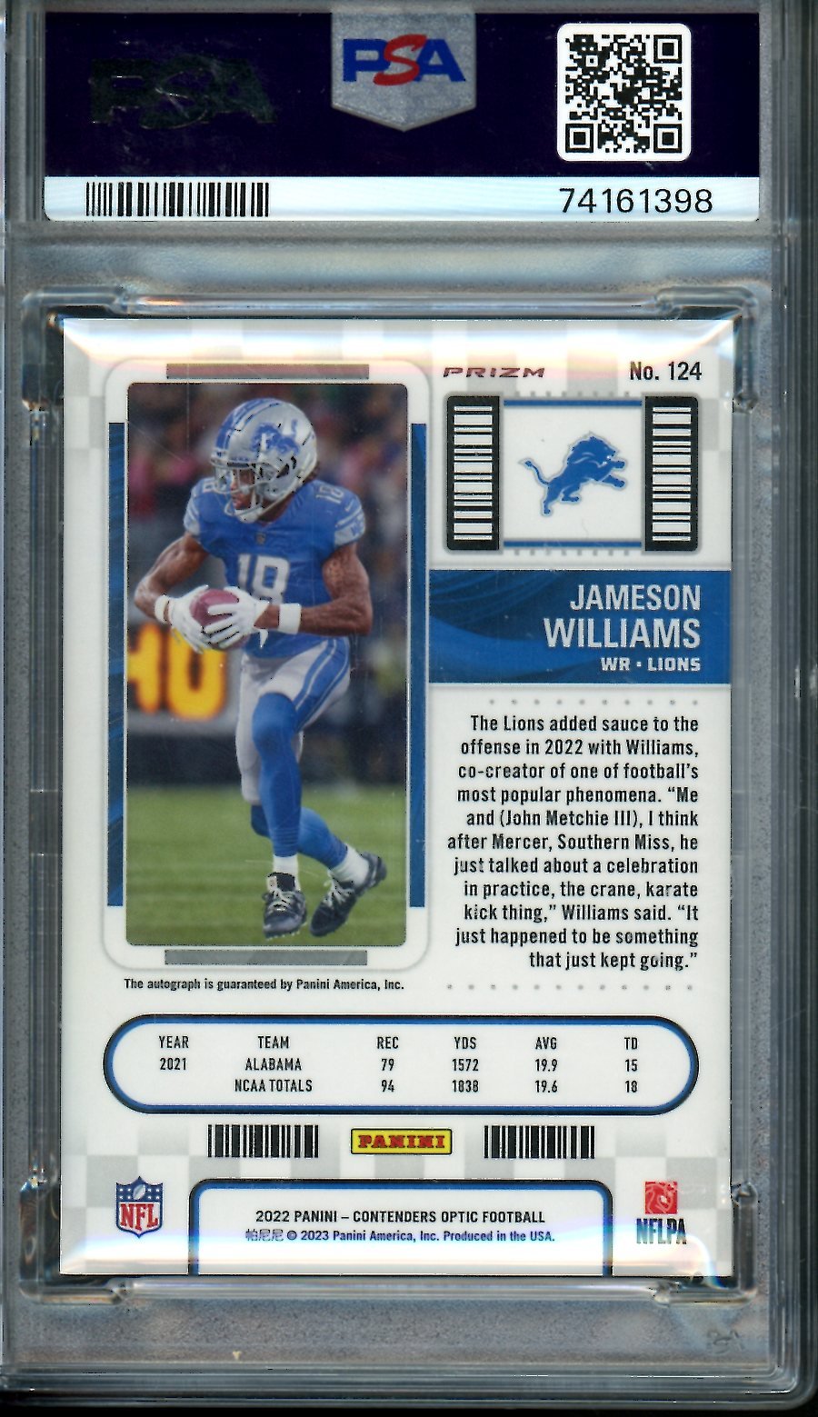 2022 Panini Contenders Optic Jameson Williams Rookie Ticket Auto Silver PSA 10 Lions