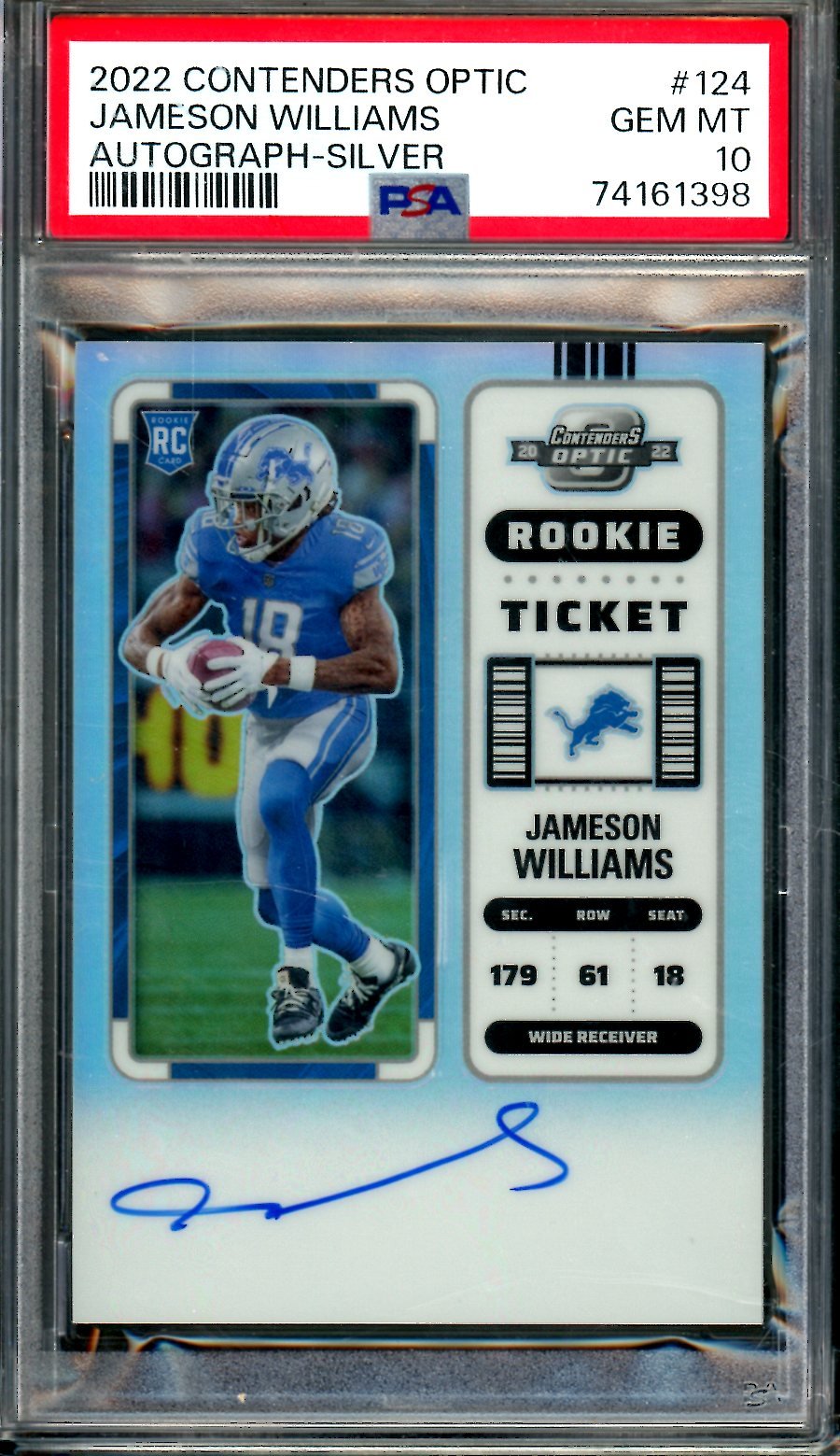 2022 Panini Contenders Optic Jameson Williams Rookie Ticket Auto Silver PSA 10 Lions