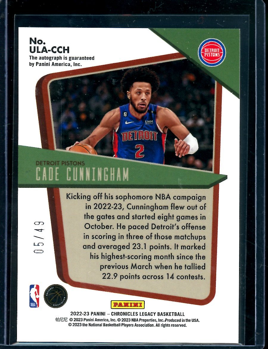 2022-23 Panini Chronicles Legacy Cade Cunningham Under the Lights Auto /49 Pistons
