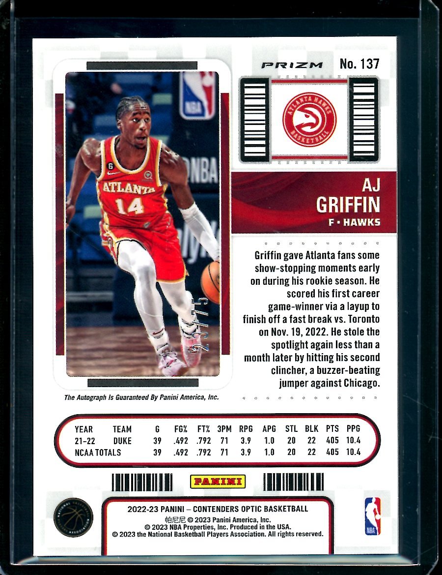 2022-23 Panini Contenders Optic AJ Griffin Rookie Ticket Auto Green /75