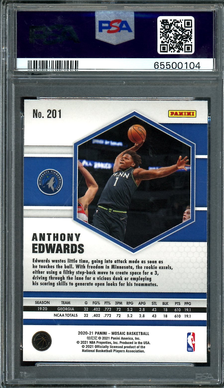 2020-21 Panini Mosaic Anthony Edwards Rookie PSA 9 Timberwolves
