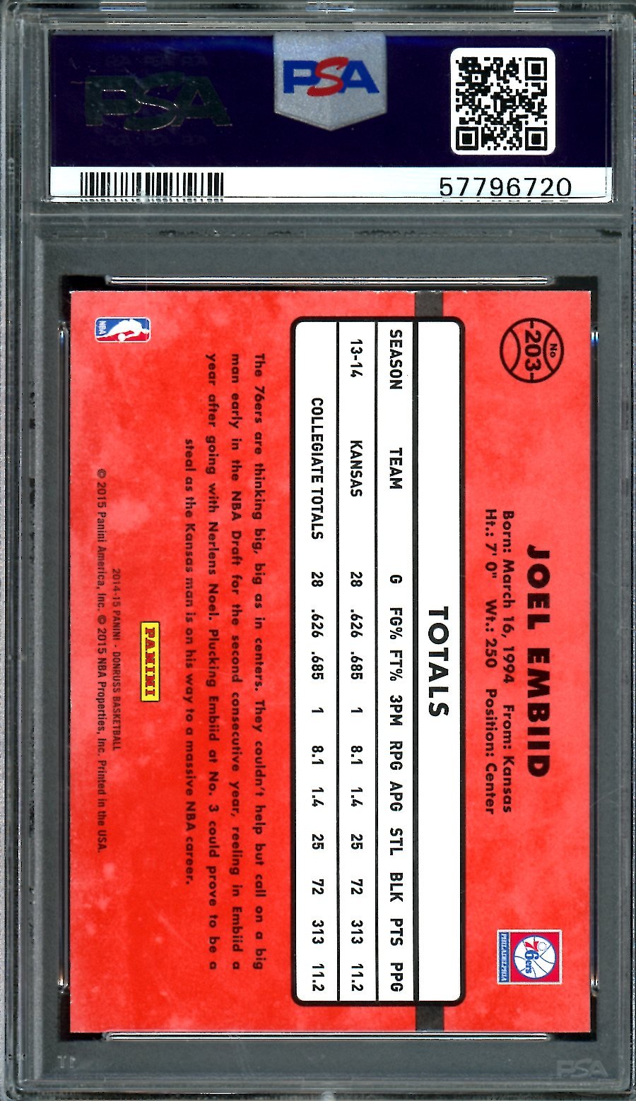 2014-15 Panini Donruss Joel Embiid Rated Rookie PSA 9 76ers