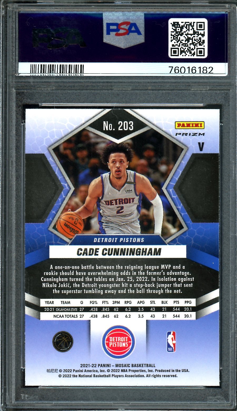 2021-22 Panini Mosaic Cade Cunningham Rookie Disco PSA 10 Pistons