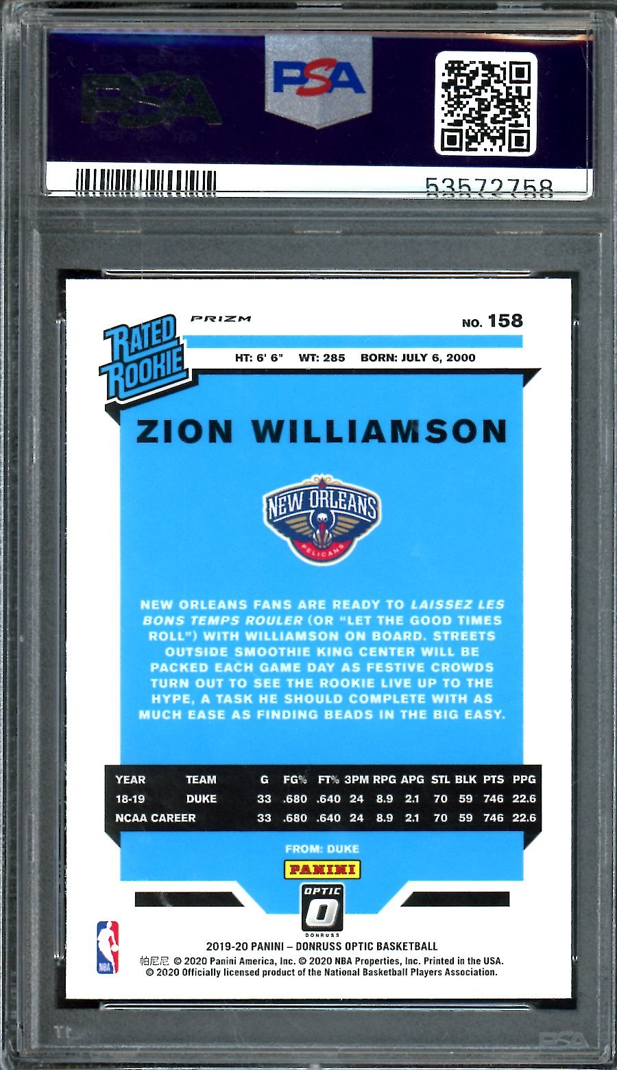 2019-20 Panini Optic Zion Williamson Rookie Blue Velocity PSA 9 Pelicans