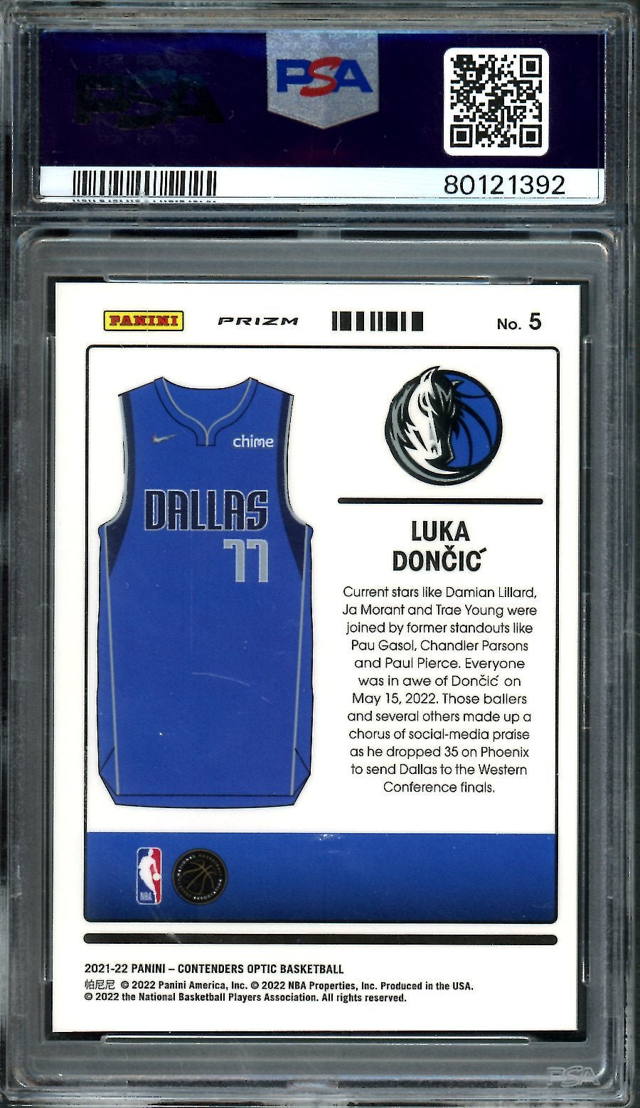 2021-22 Panini Contenders Optic Luka Doncic Uniformity Holo PSA 9 Mavericks
