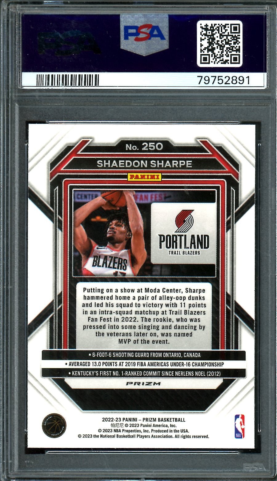 2022-23 Panini Prizm Shaedon Sharpe Rookie Silver PSA 10 Trail Blazers