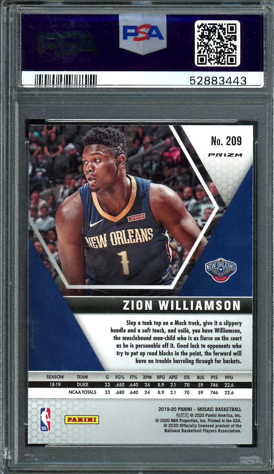 2019-20 Panini Mosaic Zion Williamson Rookie Pink Camo PSA 10 Pelicans