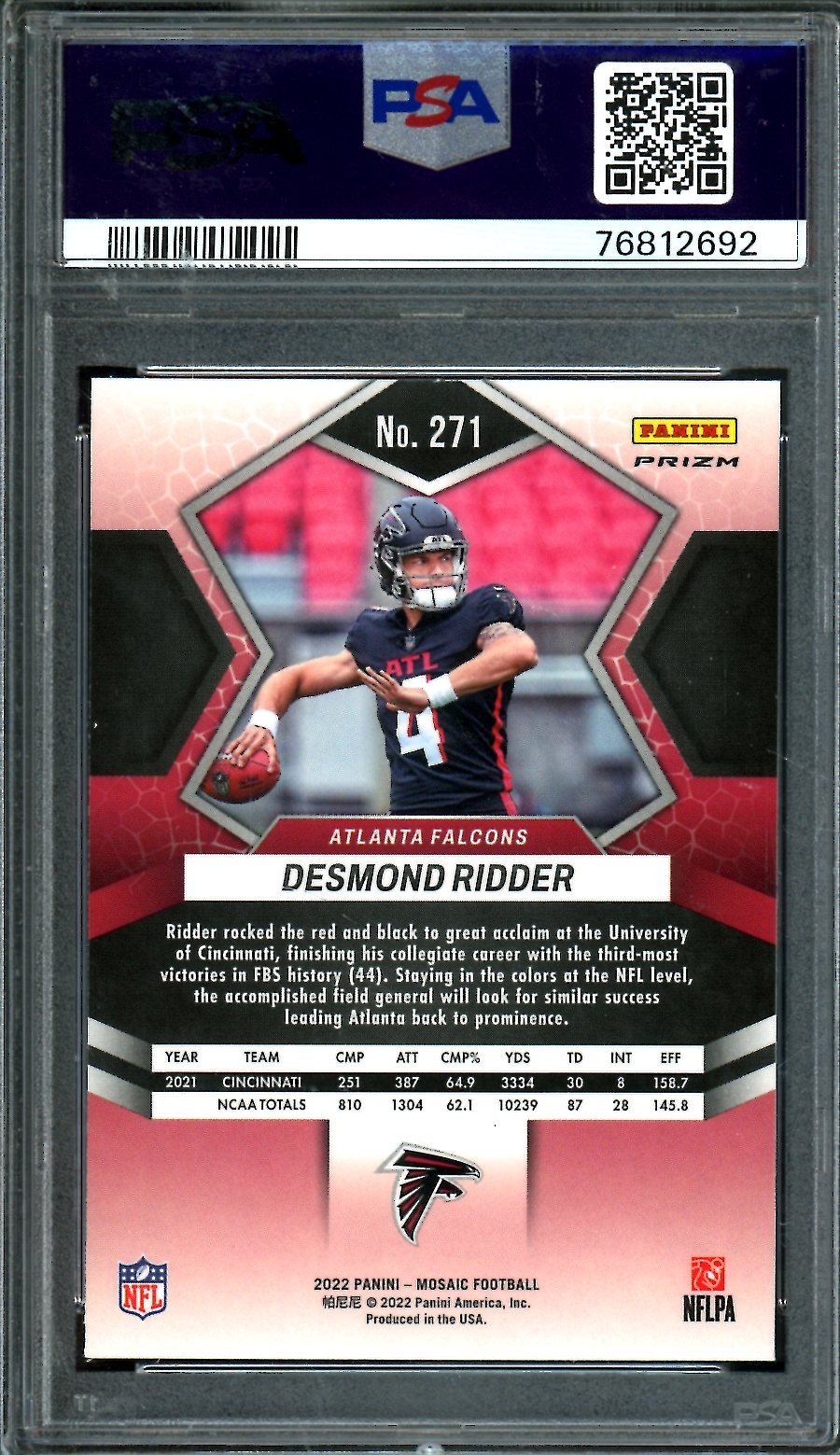 2022 Panini Mosaic Desmond Ridder Rookie Mosaic PSA 10 Falcons
