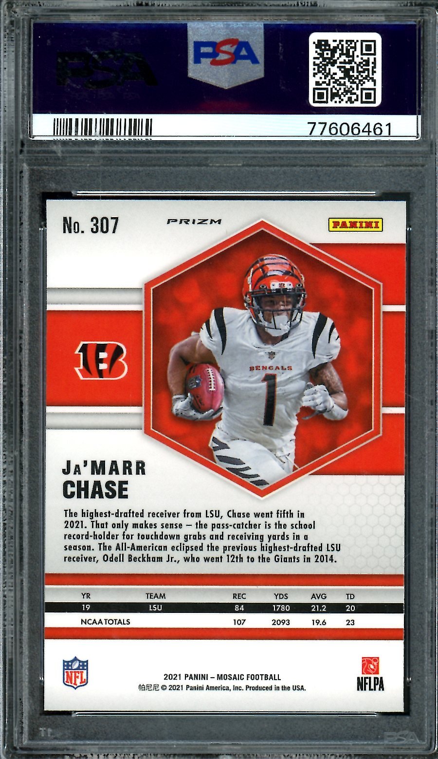2021 Panini Mosaic Ja'Marr Chase Rookie Reactive Yellow PSA 10 Bengals