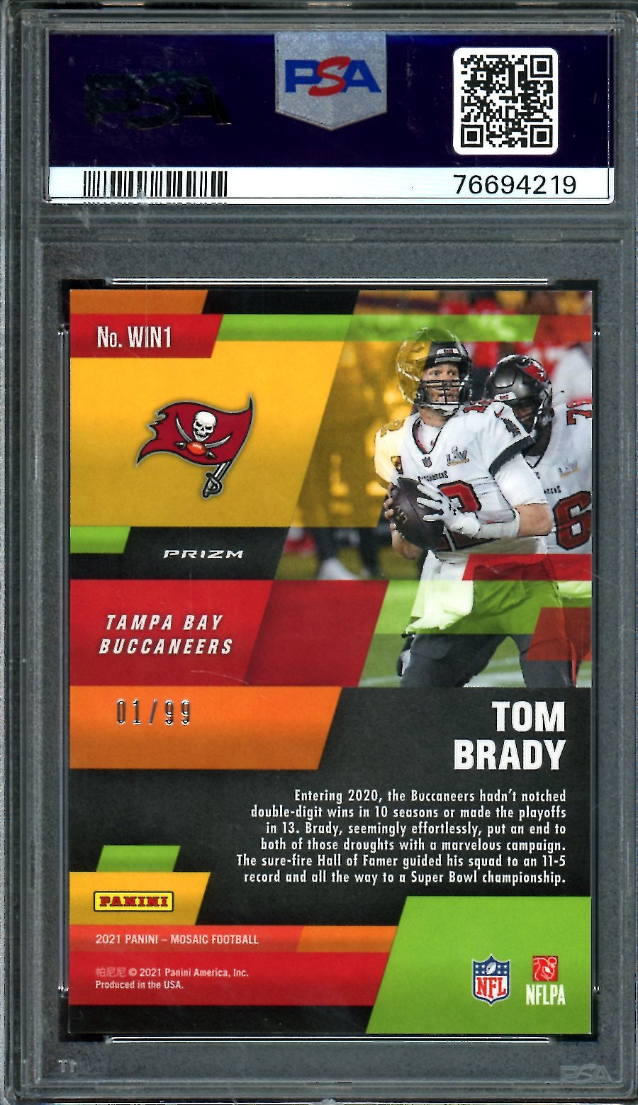2021 Panini Mosaic Tom Brady In It To Win It Blue Mosaic /99 PSA 9 Buccaneers