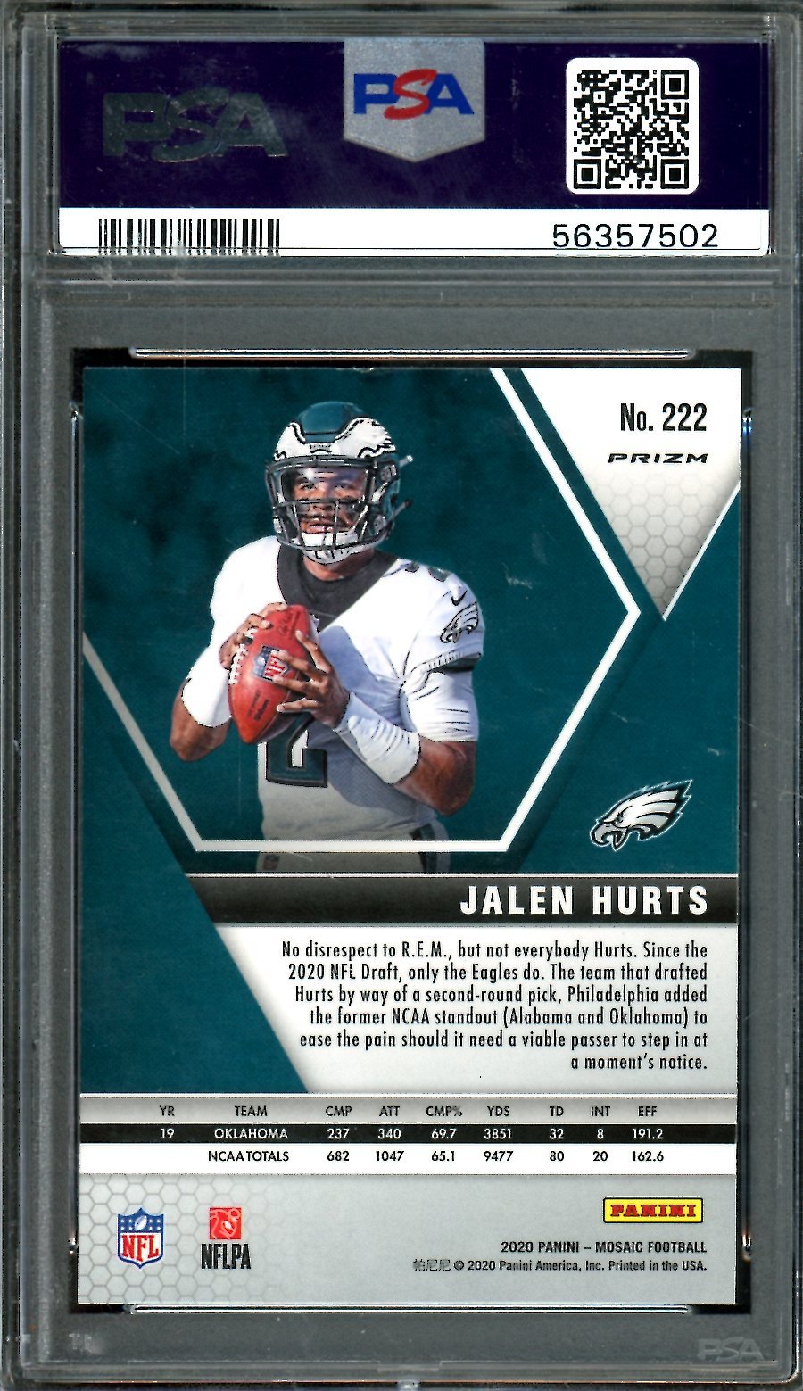 2020 Panini Mosaic Jalen Hurts Rookie Camo Pink PSA 10 Eagles