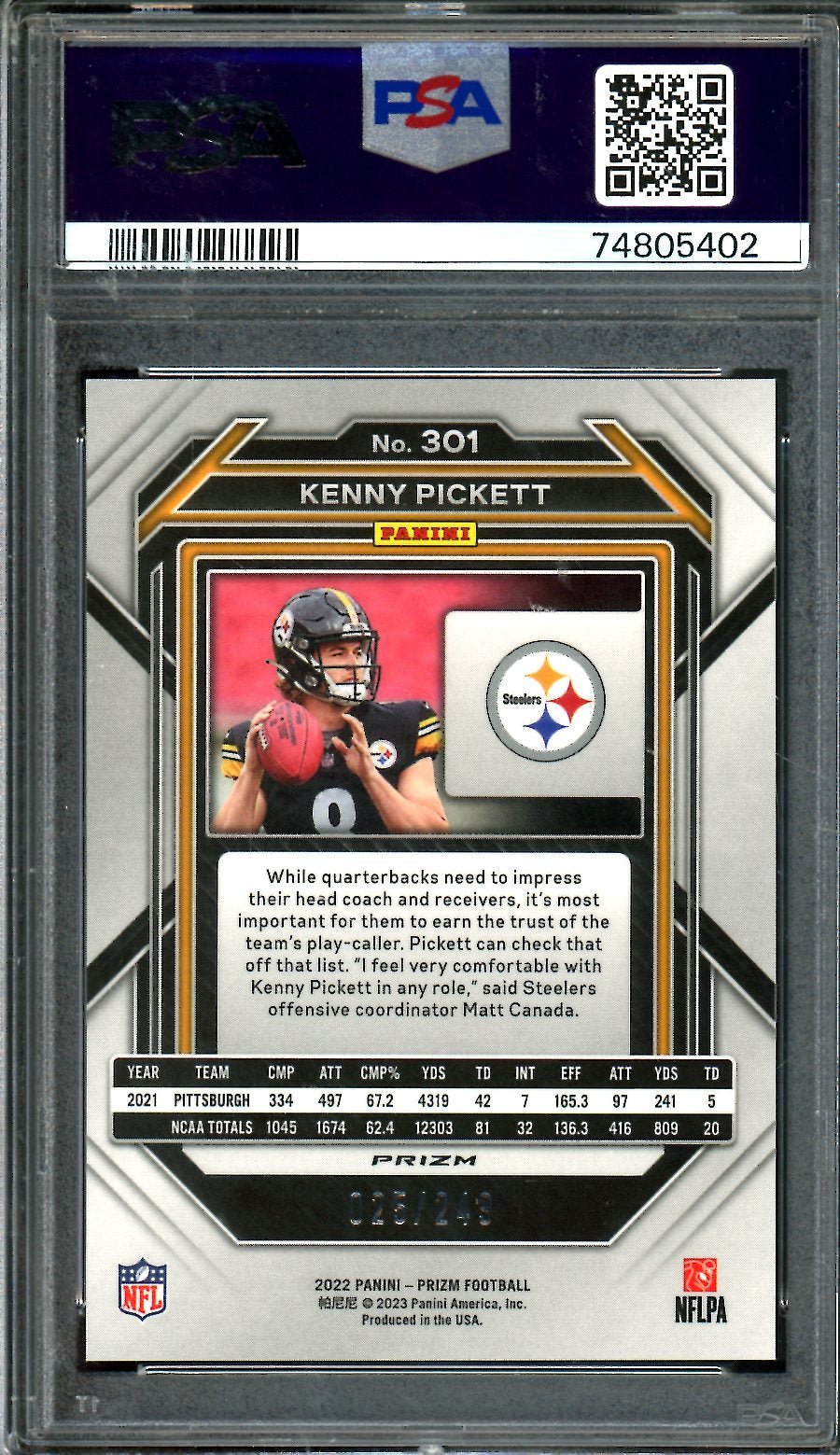 2022 Panini Prizm Kenny Pickett Rookie Orange Prizm /249 PSA 9 Steelers