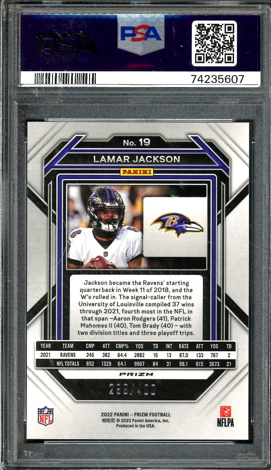2022 Panini Prizm Lamar Jackson Pandora /400 PSA 10 Ravens