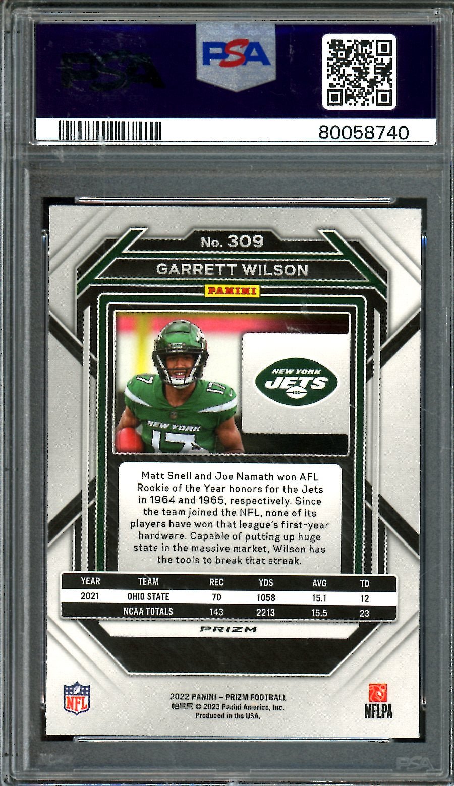 2022 Panini Prizm Garrett Wilson Rookie Red Prizm PSA 9 Jets