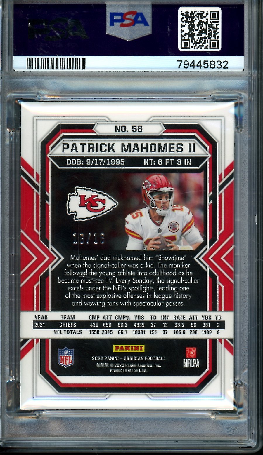 2022 Panini Obsidian Patrick Mahomes Electric Etch Purple Flood /16 PSA 9 Chiefs