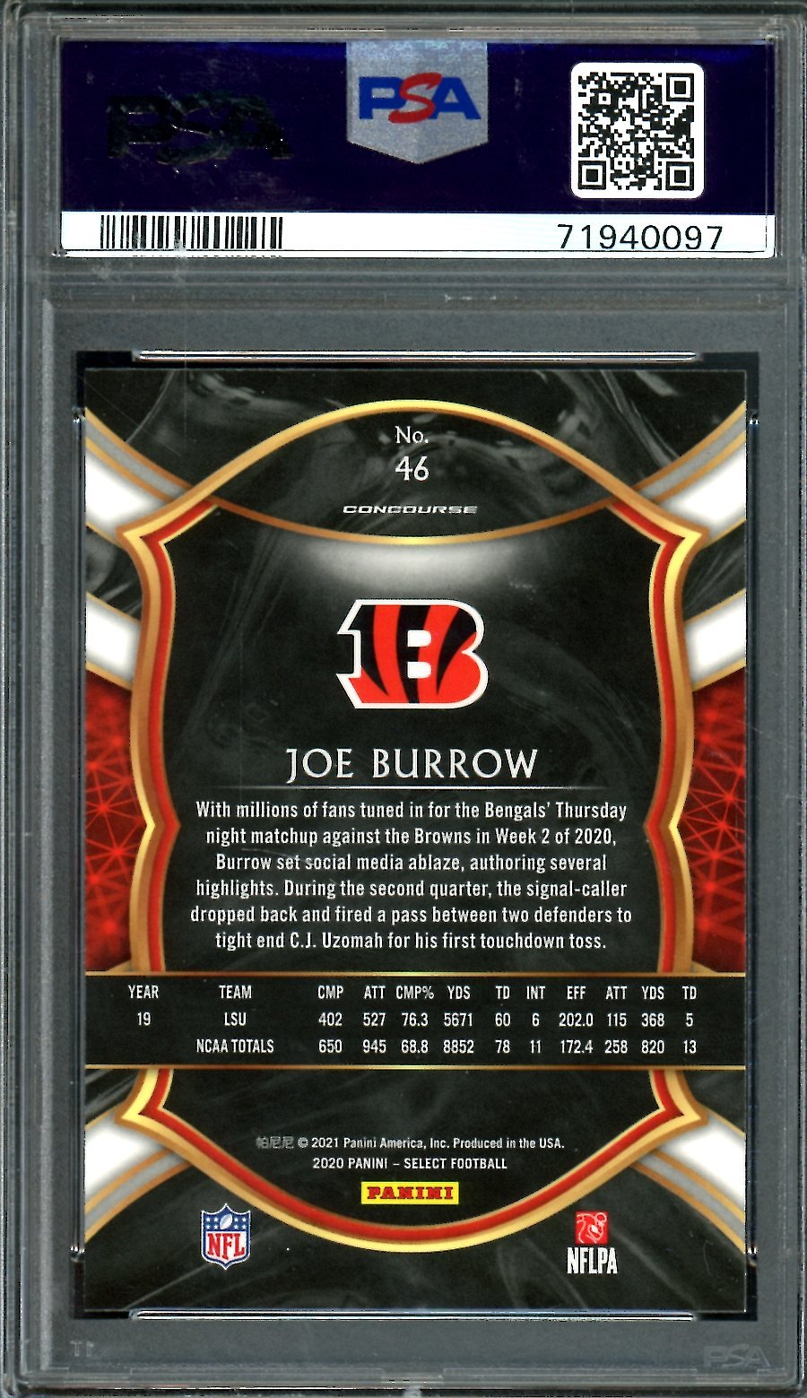 2020 Panini Select Joe Burrow Rookie PSA 10 Bengals