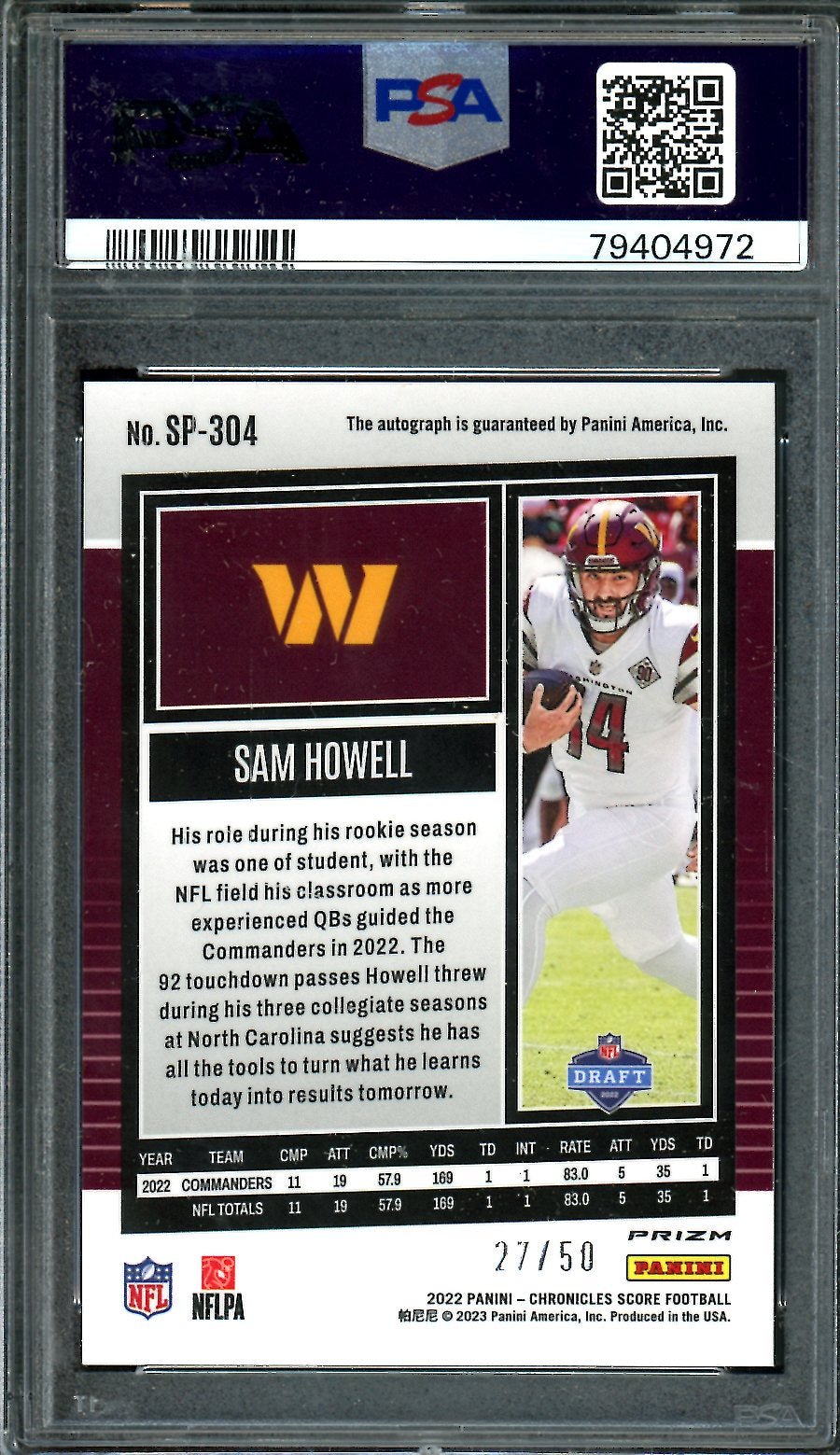 2022 Panini Chronicles Score Sam Howell SP Rookie UPD Signature Gold Zone /50 PSA 10 Commanders