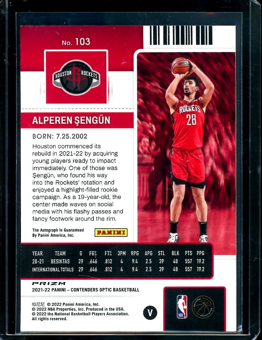 2021/22 Panini Contenders Optic Alperen Sengun Rookie Ticket Silver Autograph Rockets