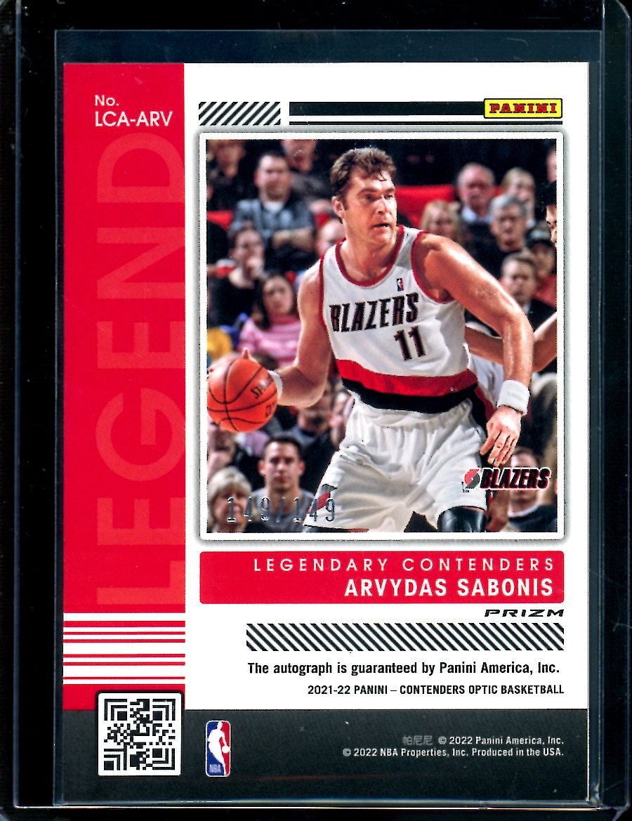 2021/22 Panini Contenders Optic Arvydas Sabonis Legendary Contenders Autograph /149 Trail Blazers