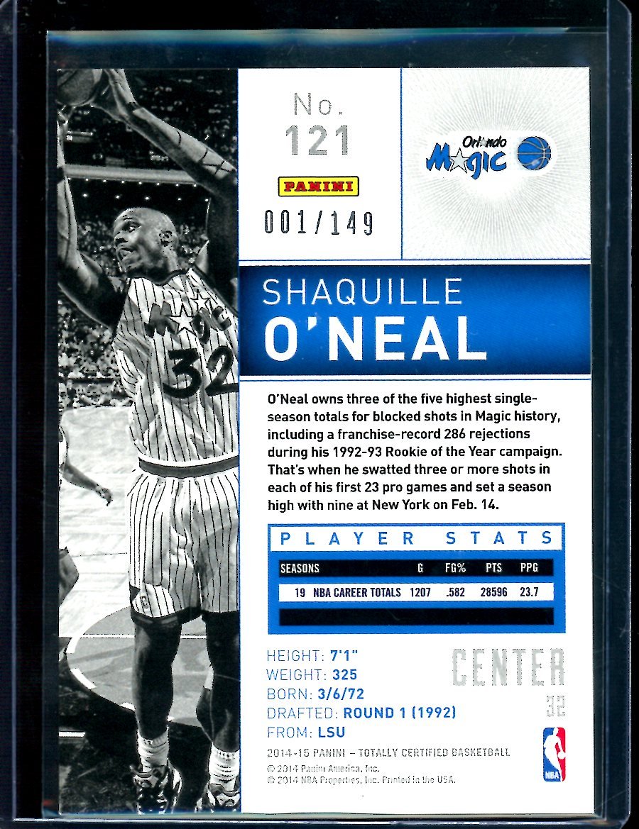 2014/15 Panini Totally Certified Shaquille O'Neal Blue 001/149 Magic