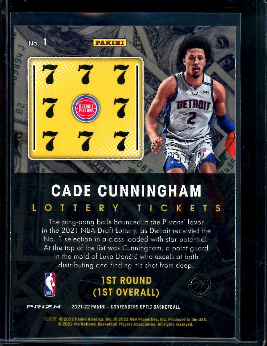 2021/22 Panini Contenders Optic Cade Cunningham Rookie Lottery Tickets /75 Pistons