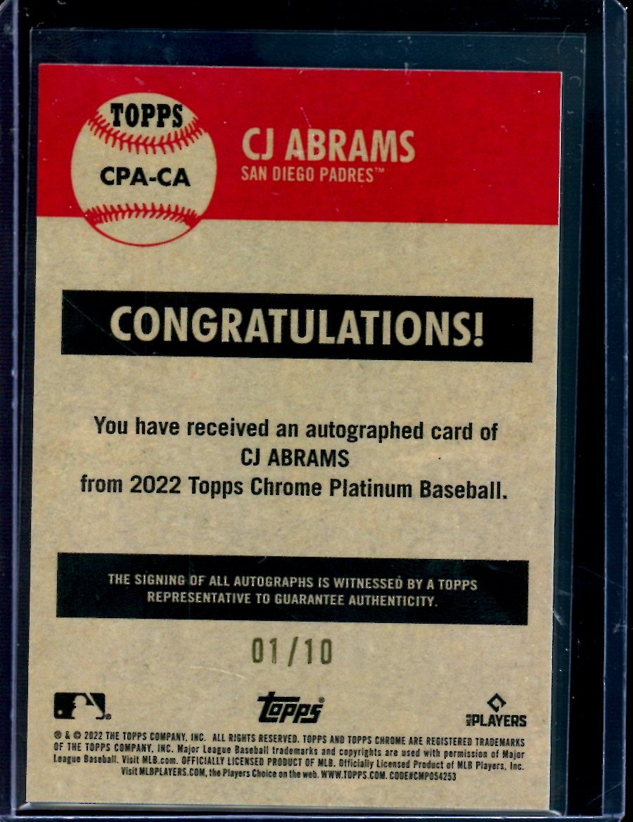 2022 Topps Chrome Platinum Anniversary CJ Abrams Rookie Autograph Black /10 Padres