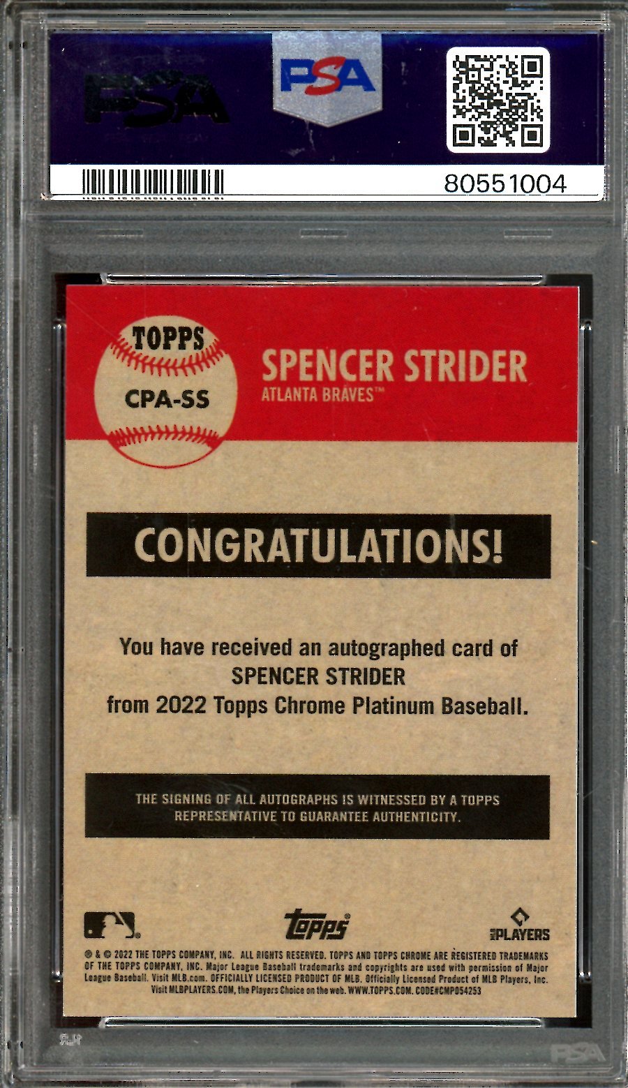 2022 Topps Platinum Anniversary Spencer Strider Rookie Autograph PSA 10 Braves