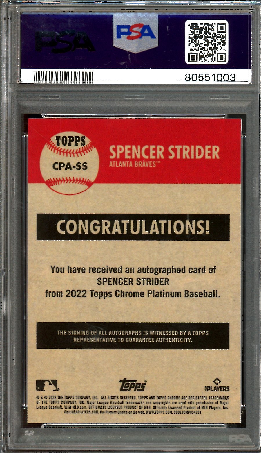 2022 Topps Platinum Anniversary Spencer Strider Rookie Autograph PSA 9 Braves
