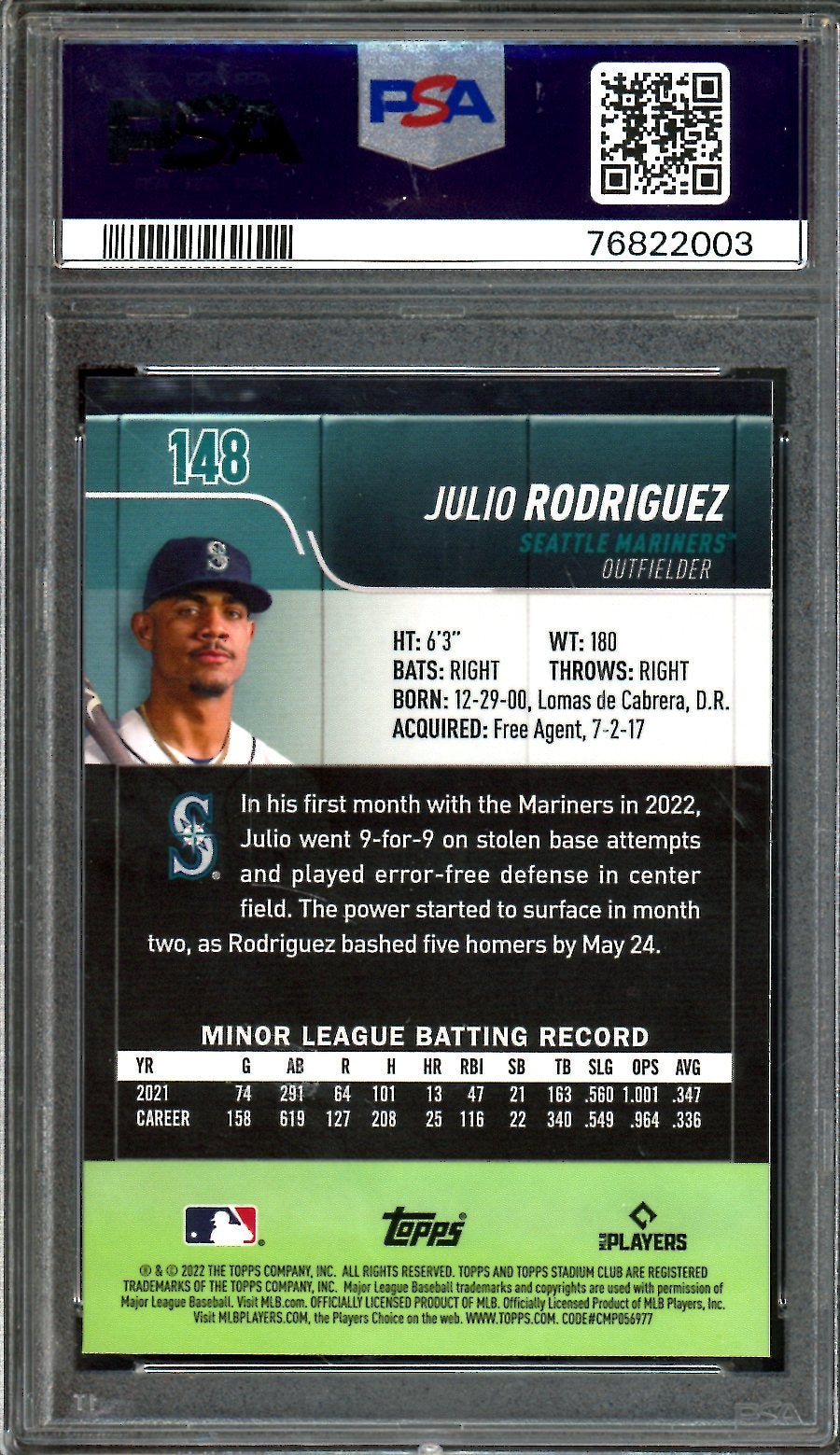 2022 Topps Stadium Club Chrome Julio Rodriguez Rookie X-Fractor PSA 10 Mariners