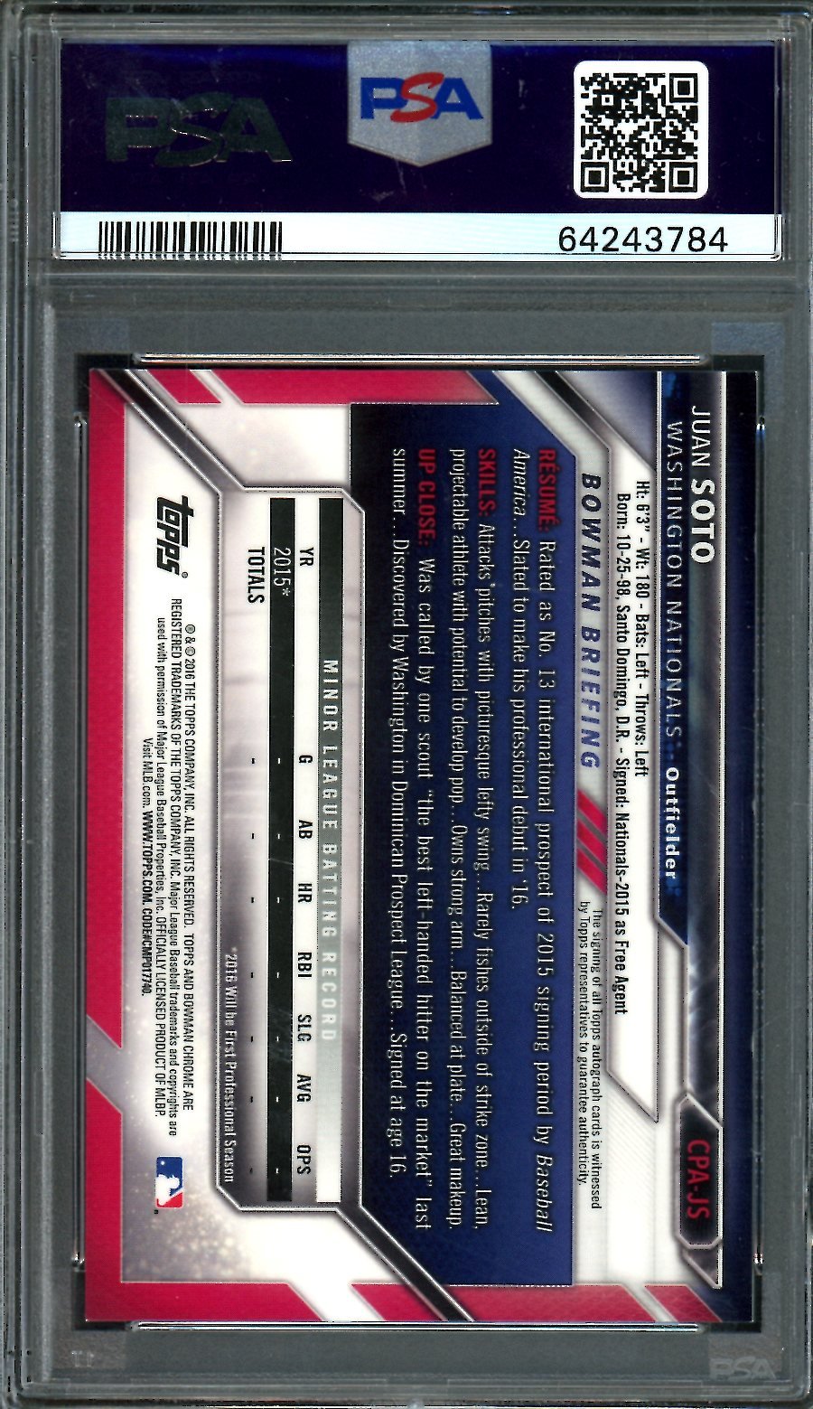 2016 Topps Bowman Chrome Juan Soto 1st Bowman Chrome Autograph PSA 9 Nationals