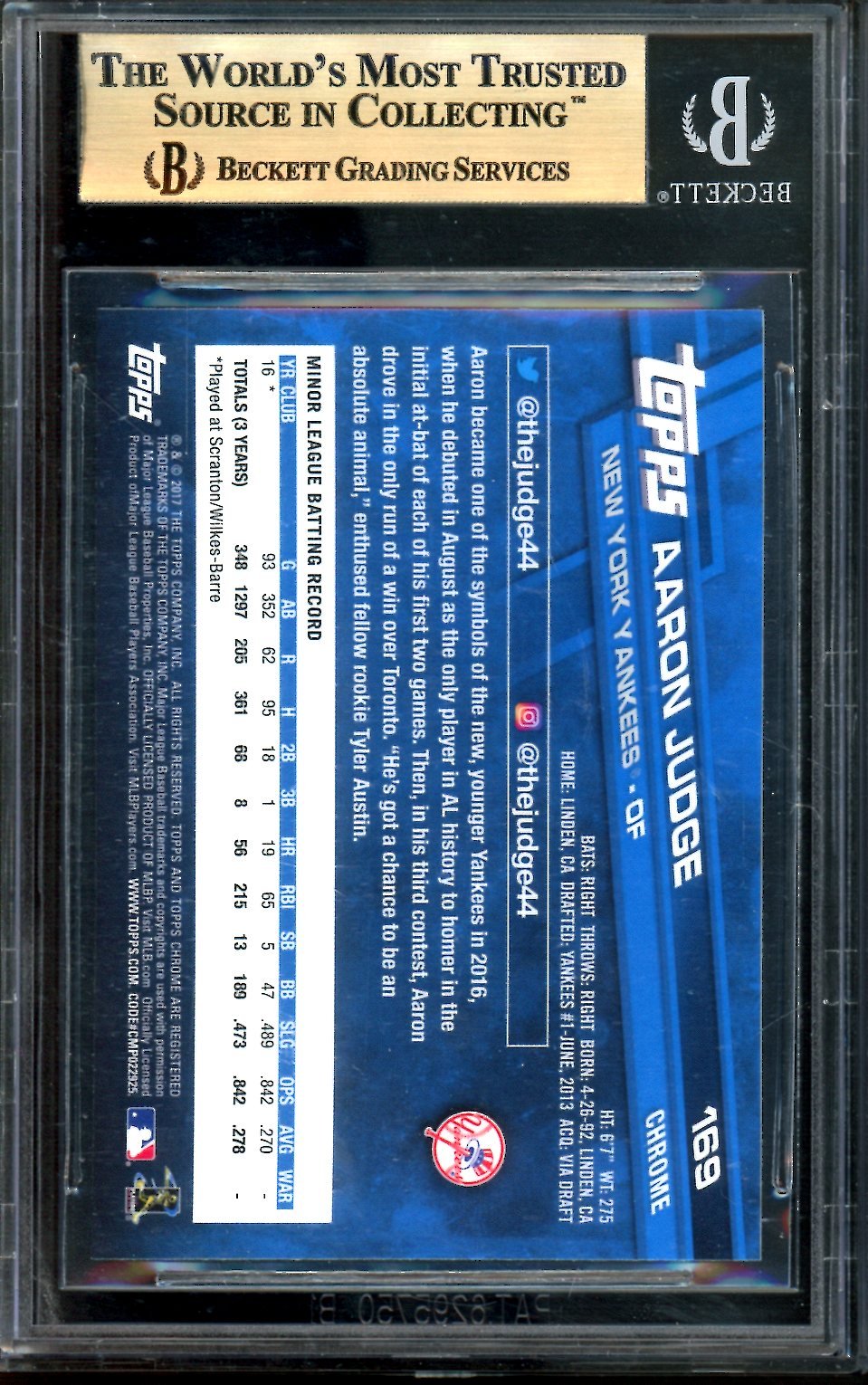 2017 Topps Chrome Aaron Judge Rookie BGS 10 Yankees