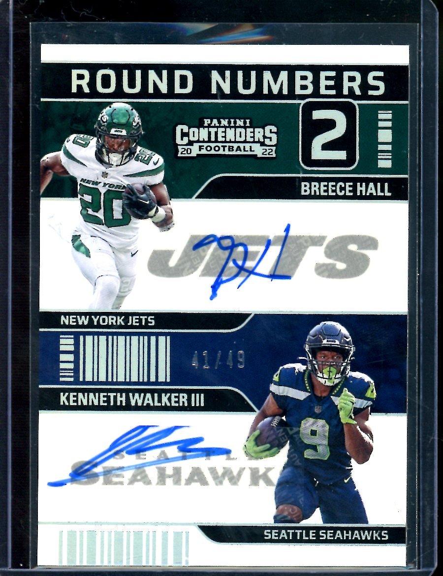 2022 Panini Contenders Breece Hall/Kenneth Walker III Rookie Round 2 Numbers Autographs /49 Jets/Seahawks