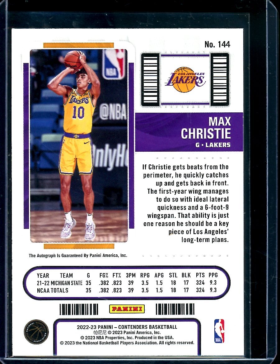 2022/23 Panini Contenders Max Christie Rookie Ticket Auto Lakers