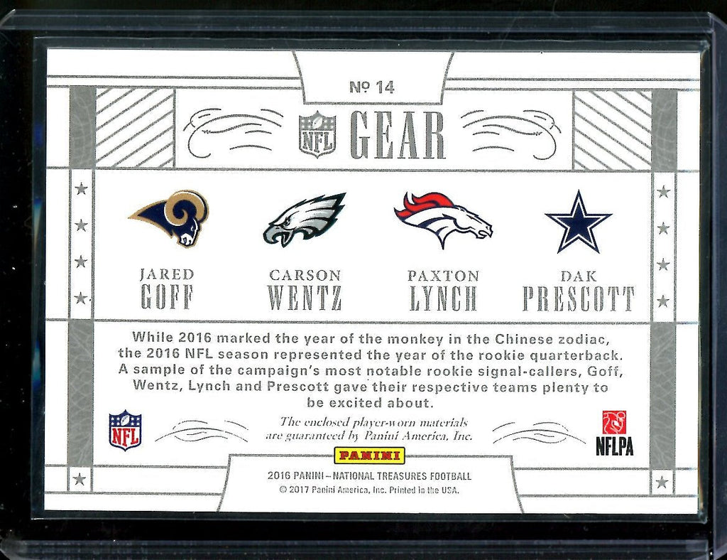 2016 Panini National Treasures Jared Goff/Carson Wentz/Paxton Lynch/Dak Prescott Rookie NFL Gear Quad Patch /99
