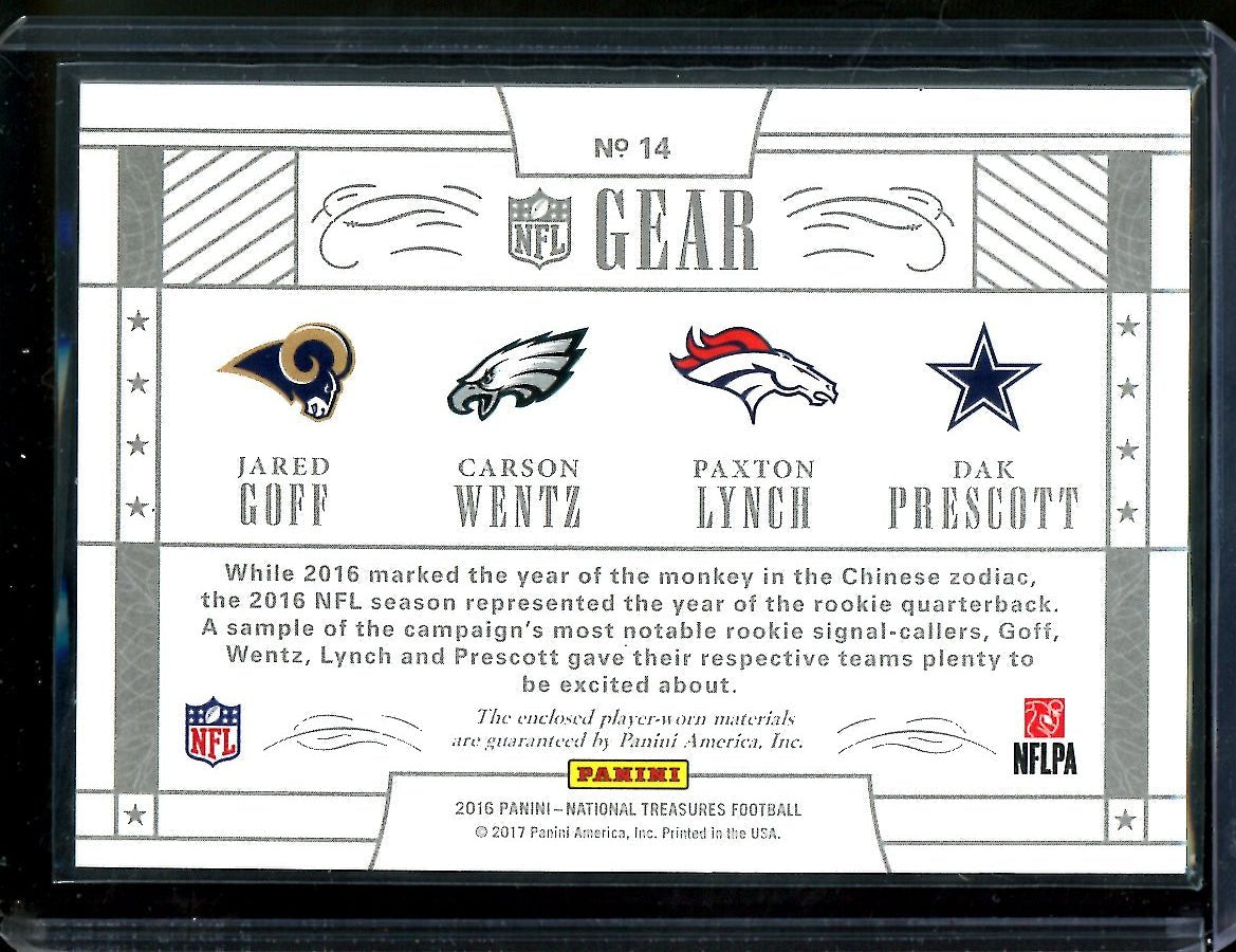 2016 Panini National Treasures Jared Goff/Carson Wentz/Paxton Lynch/Dak Prescott Rookie NFL Gear Quad Patch /99
