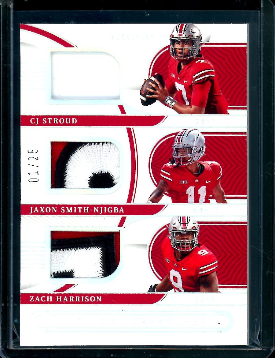 2023 Panini National Treasures Collegiate CJ Stroud/Jaxon Smith-Njigba/Zach Harrison Triple Patch /25 Ohio State