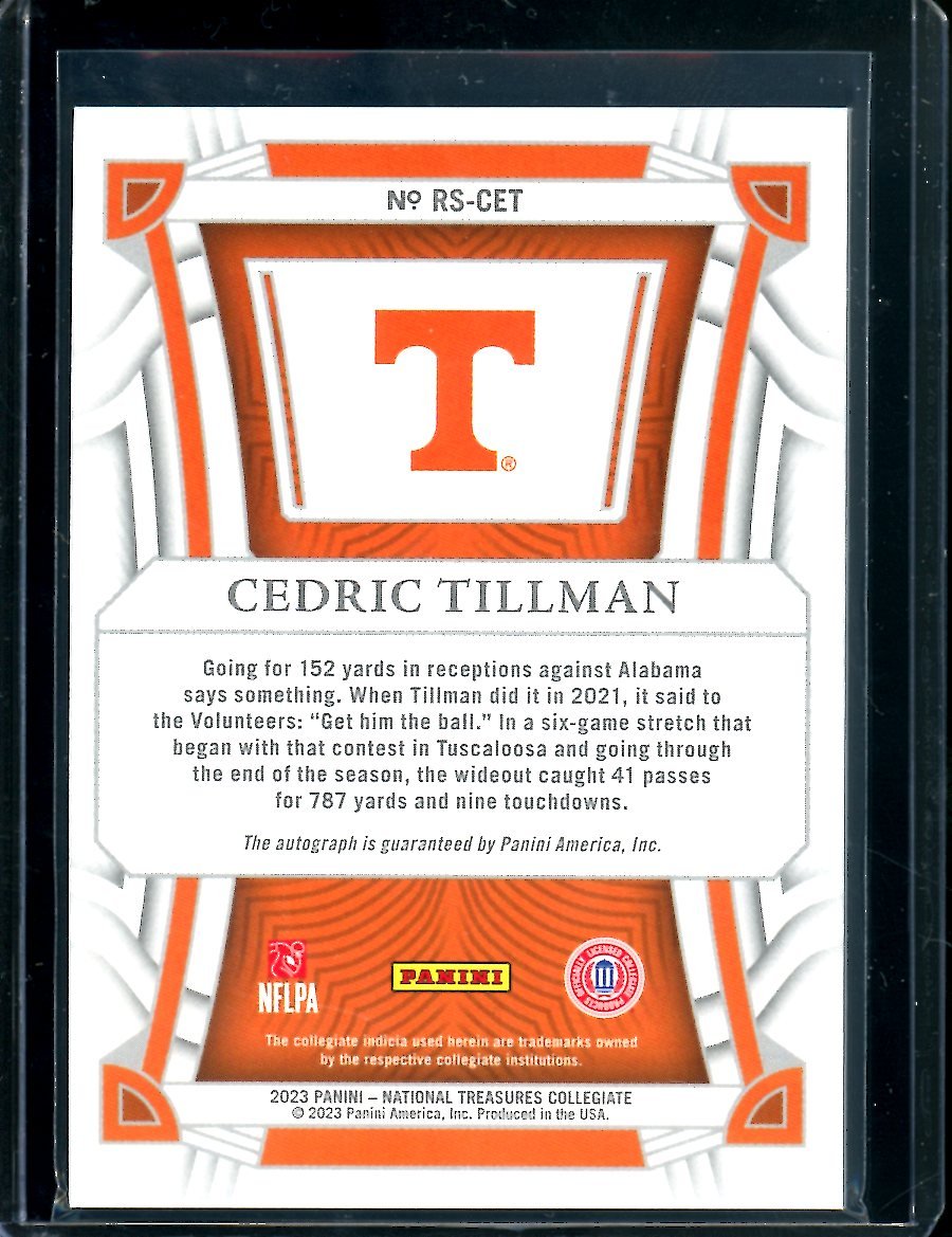 2023 Panini National Treasures Collegiate Cedric Tillman Rookie Auto /75 Tennessee