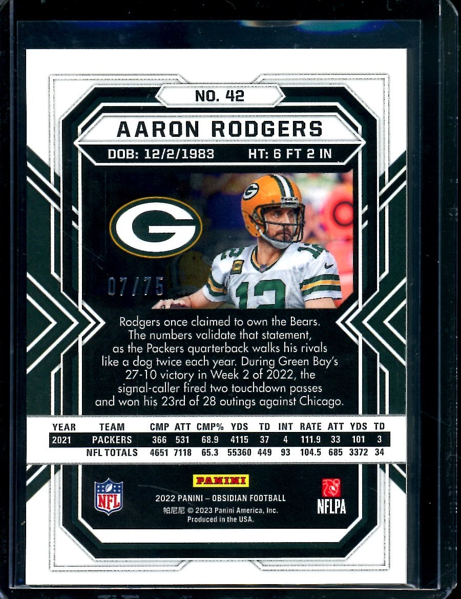 2022 Panini Obsidian Aaron Rodgers Orange Etch /75 Packers