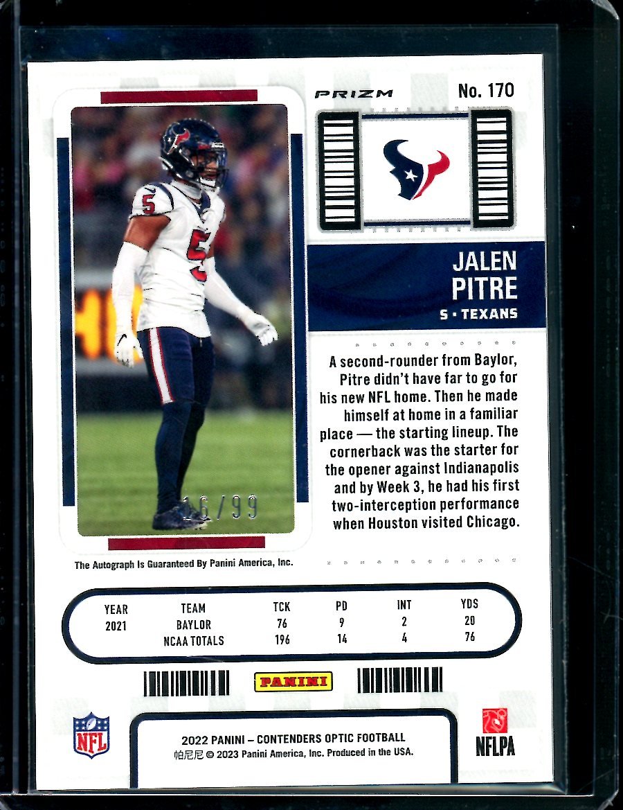 2022 Panini Contenders Optic Jalen Pitre Rookie Ticket Auto Blue /99 Texans