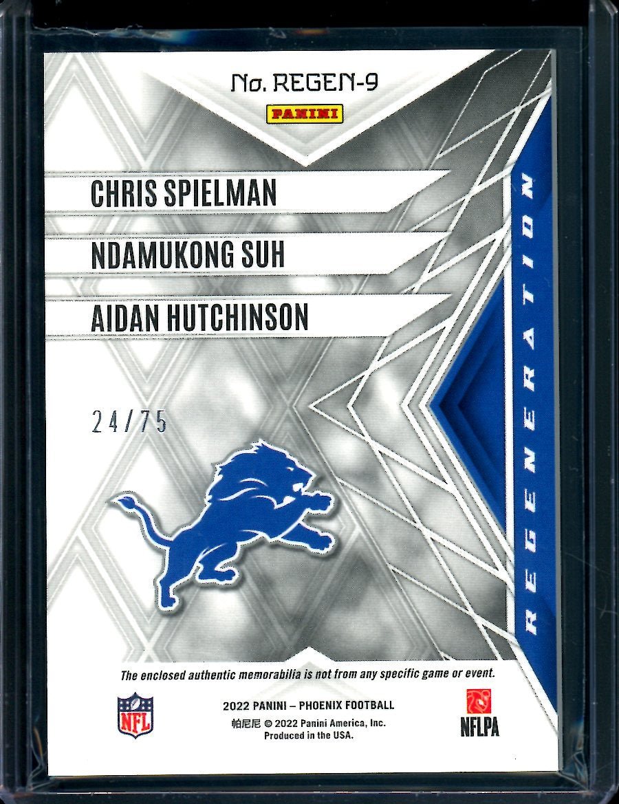 2022 Panini Phoenix Chris Spielman/Ndamukong Suh/Aidan Hutchinson Triple Patch Red /75 Lions
