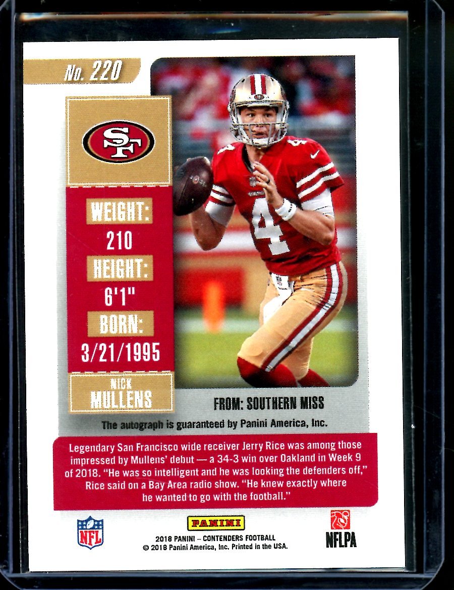 2018 Panini Contenders Nick Mullens Rookie Ticket Auto 49ers