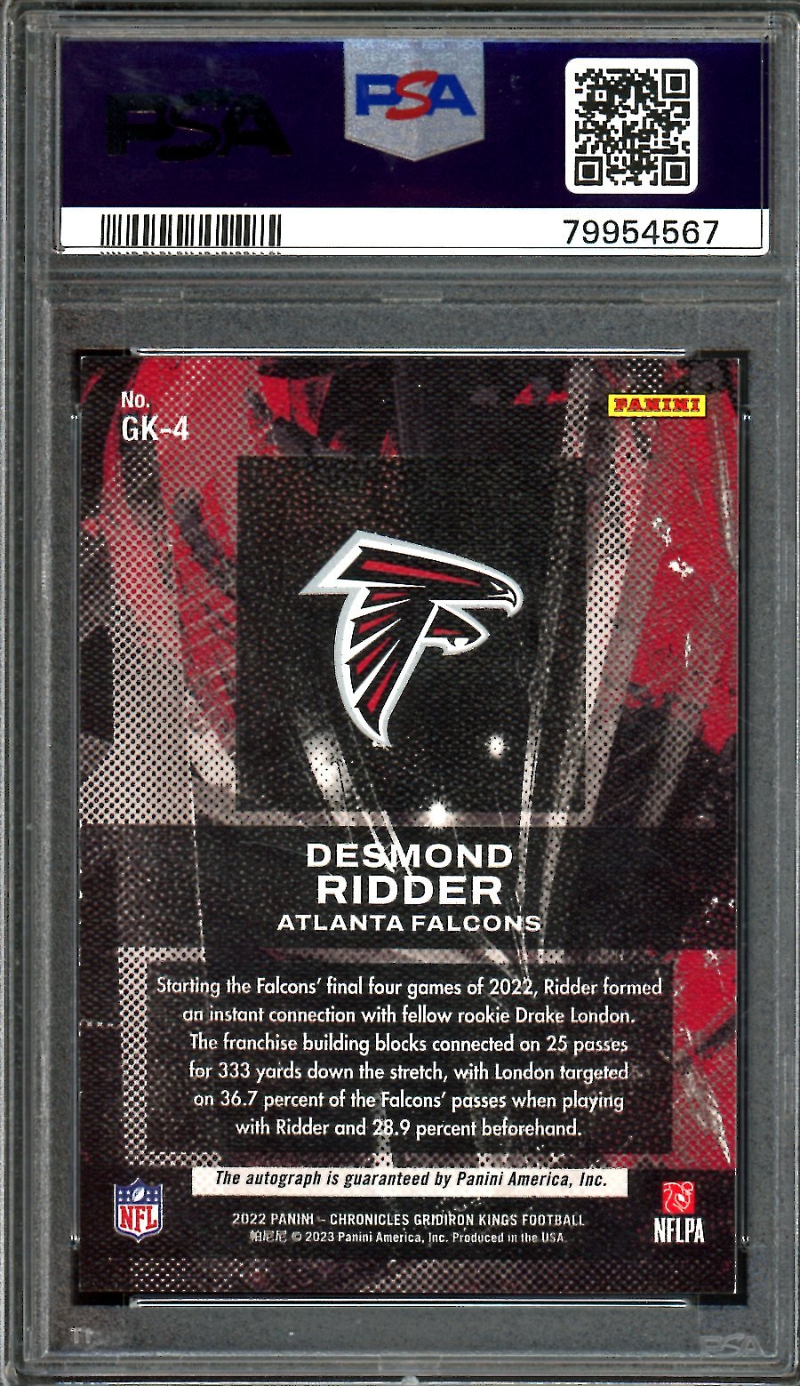 2022 Panini Chronicles Desmond Ridder Rookie Auto /199 PSA 8 Falcons