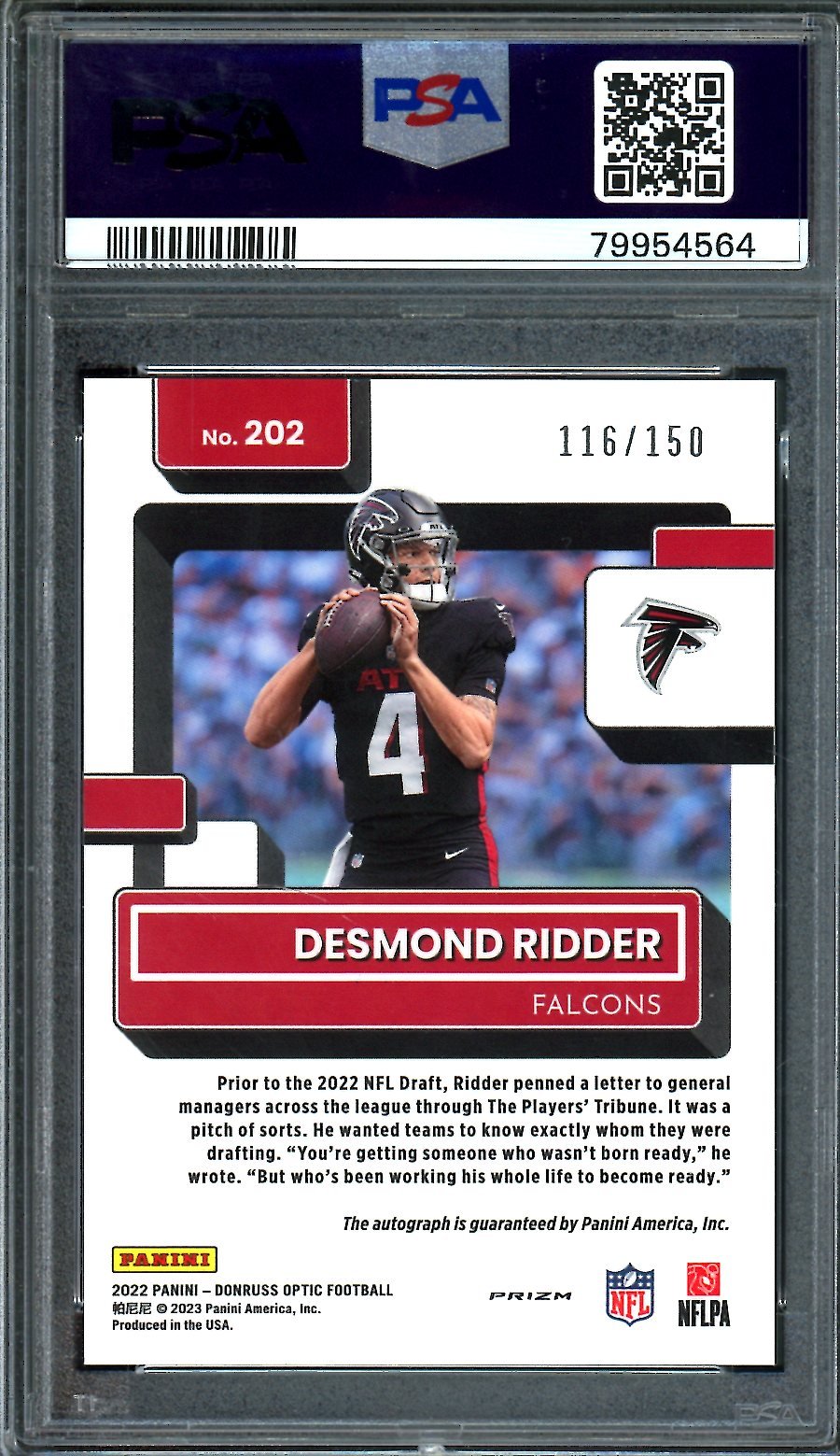 2022 Panini Optic Desmond Ridder Rookie Auto /150 PSA 10 Falcons